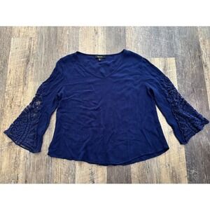 Nikato Navy Blue‎ Crochet Lace Bell Sleeve V-Neck Rayon Blouse DG0037 Womens S